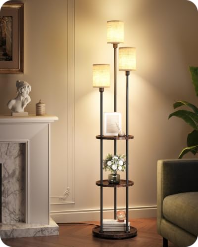 AZADESJET Walnut and Beige 66.1'' Modern Floor Lamp with Shelves & Linen Shades