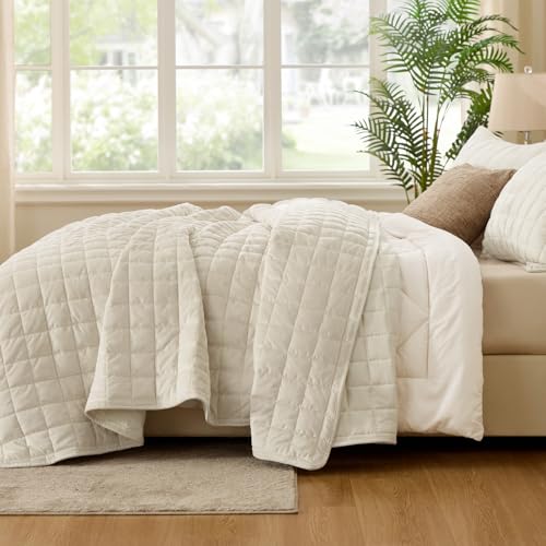 Velvet Quilt Set King Size - Cream White Luxury Bedding with Channel Stitching