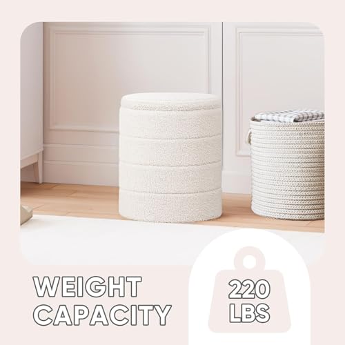 PINPLUS Cream Round Folding Storage Ottoman with Tray - 14.6 Inch Diameter