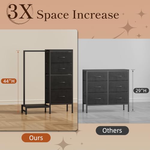 Tall Dresser with Hanging Rack and 4 Drawers - Reversible Black Storage Tower 44"H