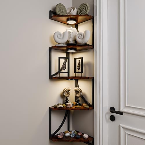 HAAYOT Curved Frame Corner Shelf Wall Mounted with Lights - 5-Tier Floating Metal Shelves, Rustic Brown