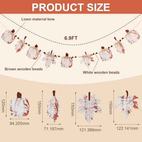 6.9 ft Fall Garland Wood Bead Banner with Pumpkin and Maple Leaves Thanksgiving Hanging Decorations for Farmhouse Home Wall Fireplace Autumn Halloween Birthday Baby Shower Party