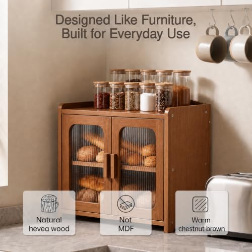 Solid Wood Bread Box with Ventilation - Walnut Brown Two-Tier Countertop Storage Cabinet