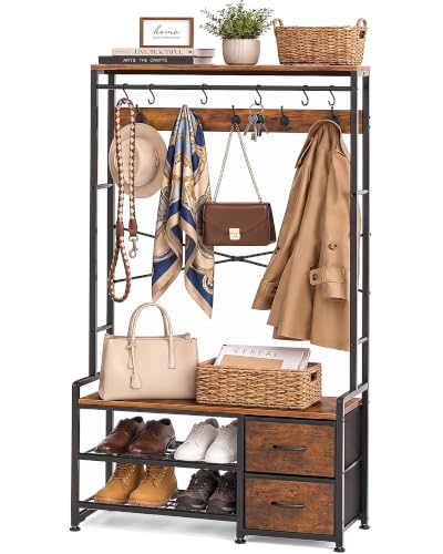 Faesun Rustic Hall Tree with Bench & Shoe Storage - 5-in-1 Entryway Organizer