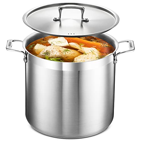 16 Quart Stainless Steel Stockpot with Lid - Durable 18/8 Impact-Bonded Base