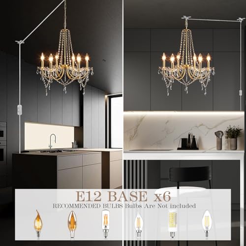 6-Light Gold Crystal Plug-In Chandelier with Long Cord - Modern Pendant Light for Dining Room Bedroom Living Room