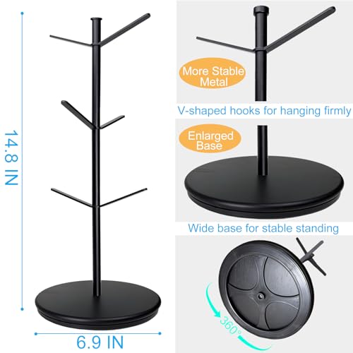 ZOMETUO 360° Rotating Mug Tree with 6 Hooks, Bamboo Base – Black