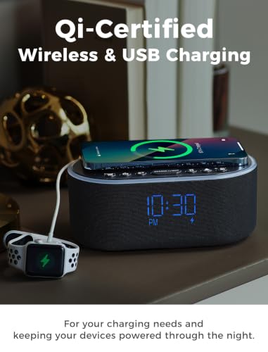 Odokee Qi Certified Wireless Charging Alarm Clock with Bluetooth Radio - Black with Blue Digits