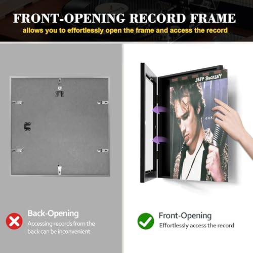 Vinyl Record Frame Wall Mount Set - Black 4 Pack for 12x12 Inch LP Albums - Front-Opening Design
