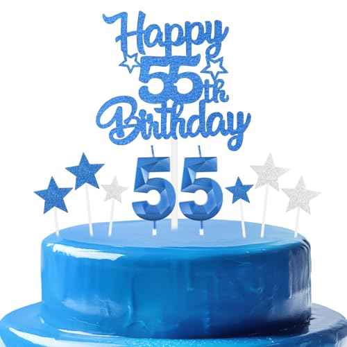 Royal Blue 55th Birthday Candles Cake Topers Set,Men 55th Birthday Decorations,Royal Blue Number 55 Candle for Cake,Boys Girls Personalised Cupcake Toppers for Men Women Party Supplies