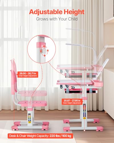 Kids Study Desk and Chair Set with Tilting Desktop, Table Lamp & Adjustable Height - Pink