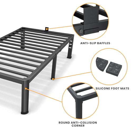 Twin Metal Bed Frame 14 Inch with Rounded Corners & Mattress Stopper - Heavy Duty Steel