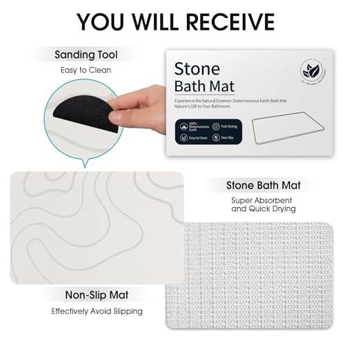 ZIKIBL White Diatomaceous Earth Stone Bath Mat - Quick Dry, Non-Slip Bathroom Rug