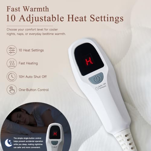 Electric Heated Mattress Pad Queen with Dual Control & 10 Heat Settings - White