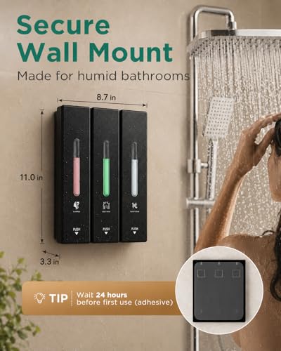 Aeakey Black Wall-Mounted 3-Chamber Shampoo & Conditioner Dispenser 1200ML Set