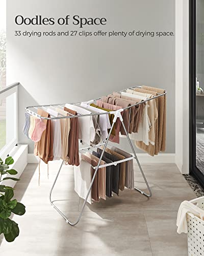 SONGMICS Silver & White Foldable Steel Clothes Drying Rack 1-Tier, Space-Saving Laundry Organizer