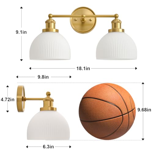 Vintage Milk Glass Bathroom Light Fixtures - Gold 2-Light Vanity Lamp - Anti-Rust Bathroom Wall Sconce - Easy Install