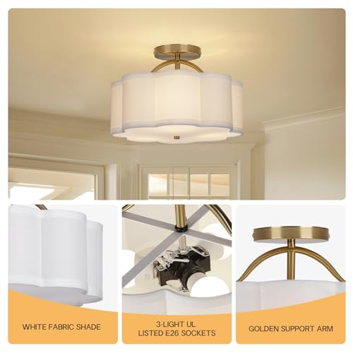 CALOKES Semi Flush Mount Ceiling Light - Scalloped White Fabric Shade & Gold Support, 11.8" Modern 3-Light Fixture for Bedroom, Kitchen, Living Room