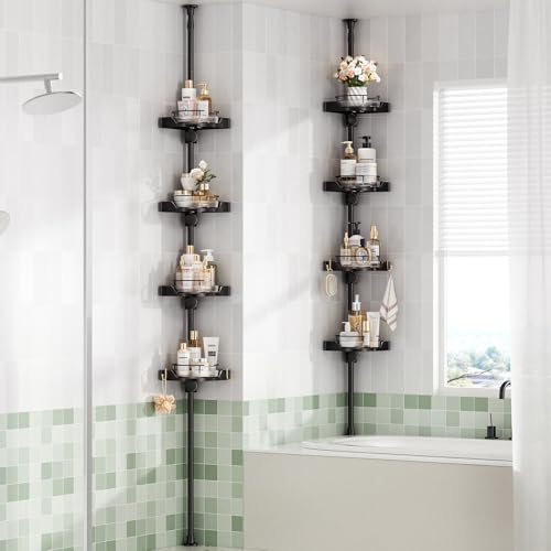 4-Tier Rotating Shower Caddy - Black, Adjustable Rustproof Tension Pole Bathroom Organizer
