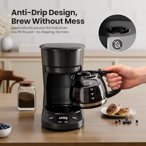 Kismile 5-Cup Drip Coffee Maker with LED Display & Timer - Black