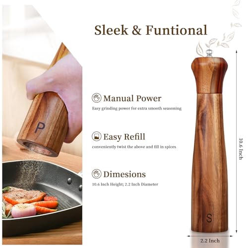 Haomacro 10-Inch Acacia Wood Salt & Pepper Grinder Set, Yellow Brown, 2 Pack