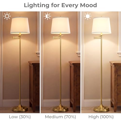 Vintage Floor Lamp with Swing Arm & 3-Way Bulb - Gold with White Shade, 61"