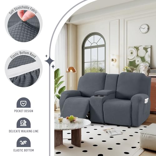 Grey 2 Seat Recliner Loveseat Cover with Middle Console - Stretch Fit