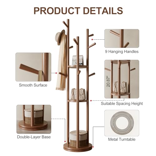 Muwuele Walnut Solid Wood Rotary Coat Rack with 3 Shelves & 9 Hooks - Freestanding Coat Tree for Entryway & Bedroom