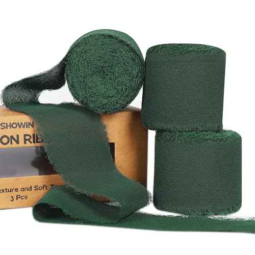3 Rolls Dark Green Handmade Fringe Chiffon Ribbon 1.5" x 7Yd Silk-Like Colorful Rustic Ribbon for Bouquets Wrapping Decor Wedding Tie Invitations Crafts
