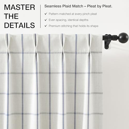 Cornflower Blue Plaid Linen Blackout Curtains 40x108 Pack of 2 - Thermal Insulated, Pinch Pleated Room Darkening Drapes