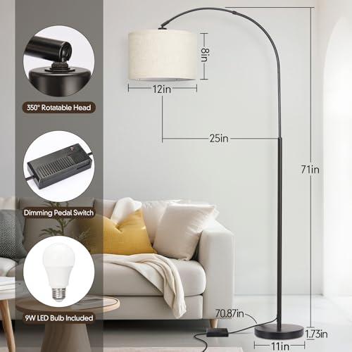 Black Dimmable Arc Floor Lamp with Adjustable Shade & Foot Dimmer - Modern Standing Light for Living Room & Bedroom