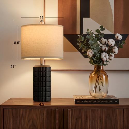 PoKat 21'' Matte Black Ceramic Table Lamp with Linen Shade - Modern Bedroom Decor