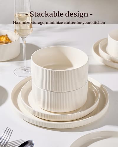 Service for 4 Creamy White Line Porcelain Dinnerware Set - 12 Pieces
