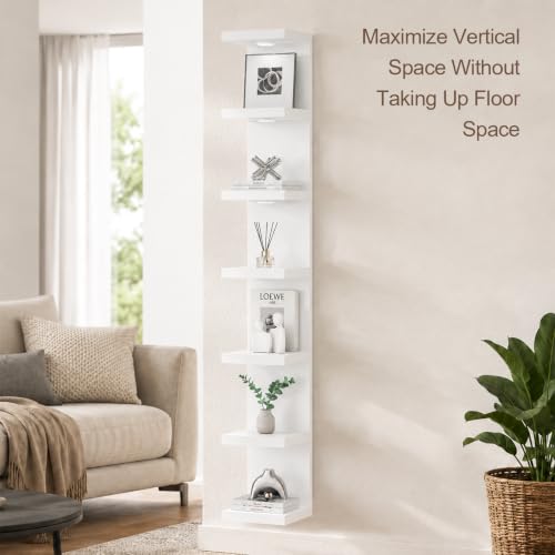 TFK 7 Tier White Floating Wall Shelf with LED Lights - Tall Display Storage