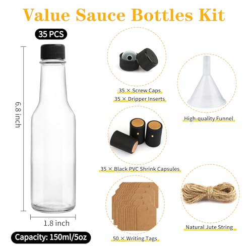 GUANENA 35 Pack 5oz Hot Sauce Bottles with Black Caps & Shrink Capsules, Clear Glass Woozy Bottles + Funnel & Twine