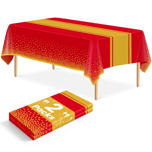 LIKAJON 2 Pack Red and Gold Waterproof Tablecloths 54x108 Inch for Parties