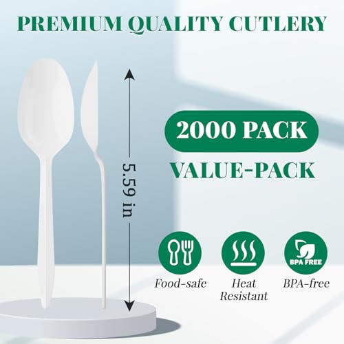 2000 Pack White Plastic Teaspoons Bulk Heat-Resistant Disposable Spoons