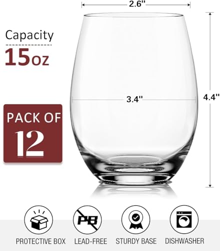 Set of 12 15oz Crystal Stemless Wine Glasses for Red & White Wine