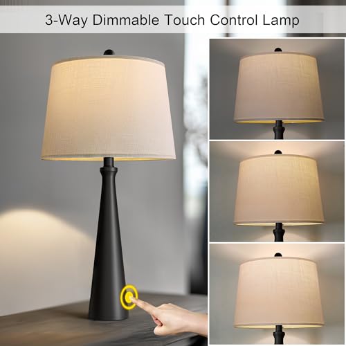 Black 25.75 Inch Table Lamps Set of 2 with USB Charging, Dimmable Touch Control, Modern Fabric Shade for Living Room & Bedroom