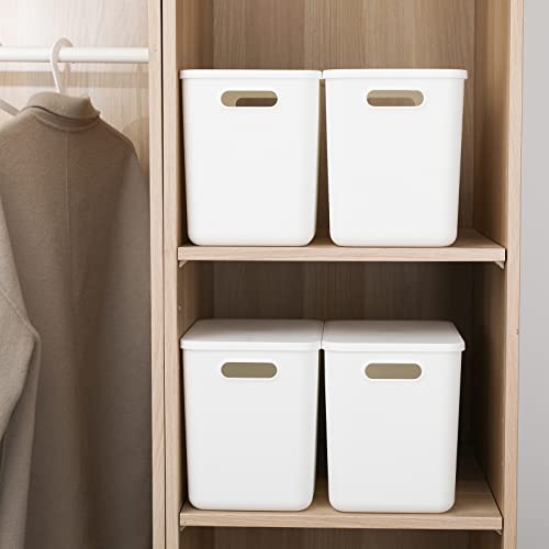4L Plastic Storage Baskets with Lids - White Organizing Containers for Shelves, Drawers, Playroom, Office - 4 Pack