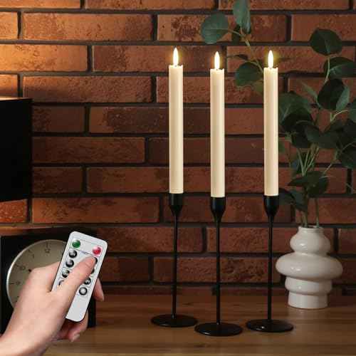 GenSwin Flameless Ivory Taper Candles Flickering with 10-Key Remote, Battery Operated Led Warm 3D Wick Light Window Candles Real Wax Pack of 3, Christmas Home Wedding Decor(0.78 X 9.64 Inch)