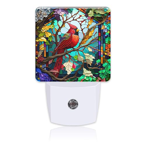 Uiaoiais Christmas Stained Glass Cardinal Bird Night Light - Plug-In Dusk to Dawn LED Wall Light for Kids & Home Decor