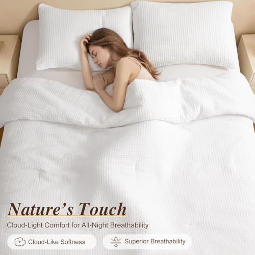 King Size White Waffle Weave Comforter Set - Breathable 100% Cotton Shell
