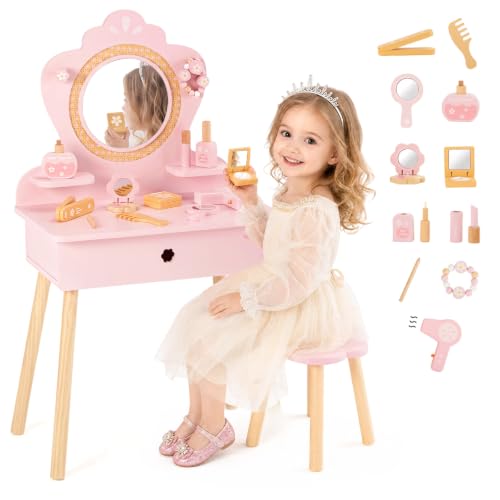 Kids Vanity Set with Mirror and Accessories - Toddler Dress-Up Furniture