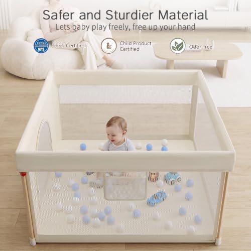 Beige Foldable Baby Playpen 50x50 Inches with Mesh Sides & Balls