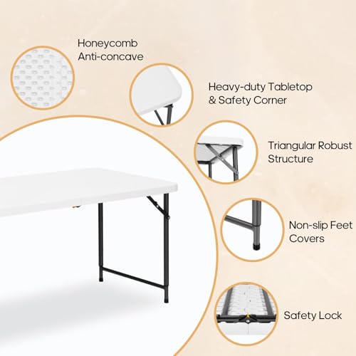 GlowitLian 4ft Folding Table with Adjustable 2-Level Height, Portable Picnic & Indoor Outdoor Use, White