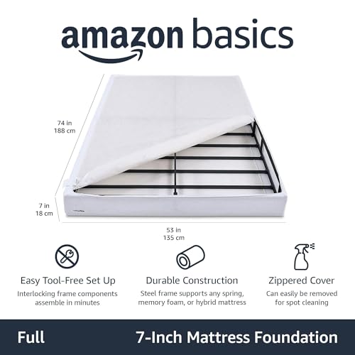 Full Size Amazon Basics 7-Inch Sturdy Bed Base - Easy Tool-Free Assembly, White