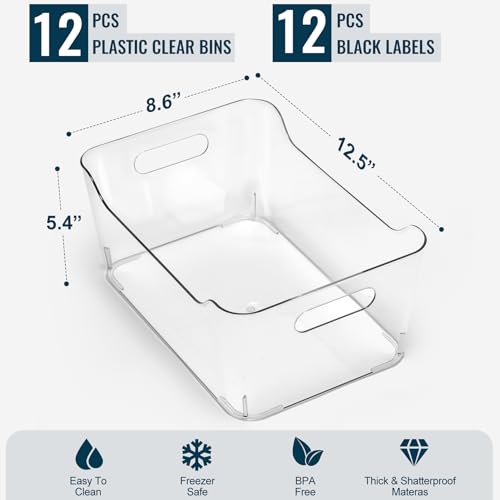 XL Large Clear Plastic Storage Bins - 12 Pack Pantry & Home Organization with Labels