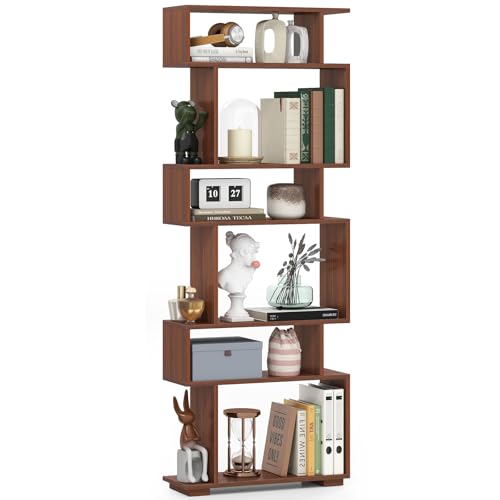 Giantex 6-Tier Geometric Walnut Bookcase with Anti-Tipping Kits - Modern S-Shaped Wooden Shelf