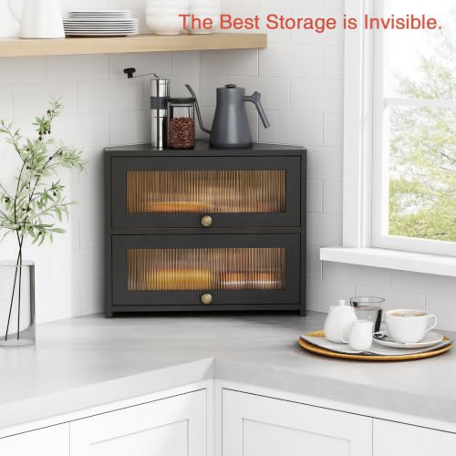 Goozii Black Corner Bread Box with Double Layer Roll-Top Design - Space-Saving Kitchen Storage